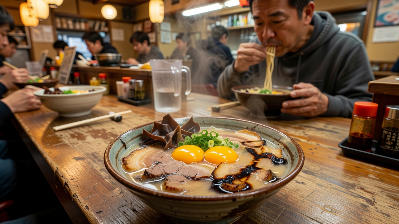 玉子入りラーメン (Iconic Kumamoto tonkotsu topped with twin raw egg yolks and fragrant house-made burnt garlic ma-yu) at Kumamoto Ramen Kokutei Hon Ten