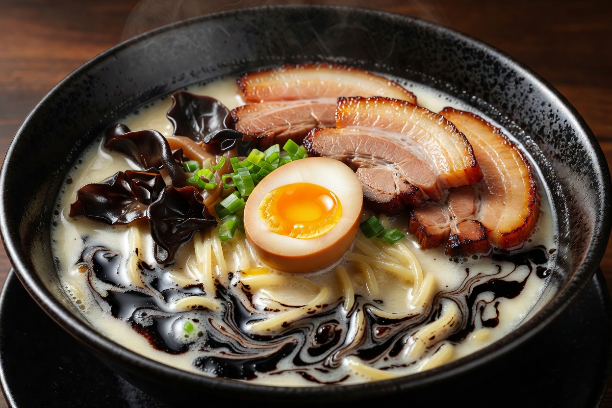 熊本ラーメン (Creamy tonkotsu bowl dressed with rich black garlic ma-yu, wood ear mushrooms, and pork belly chashu) at Ramen Akagumi 熊本ラーメン (Creamy tonkotsu bowl dressed with rich black garlic ma-yu, wood ear mushrooms, and pork belly chashu) at Ramen Akagumi