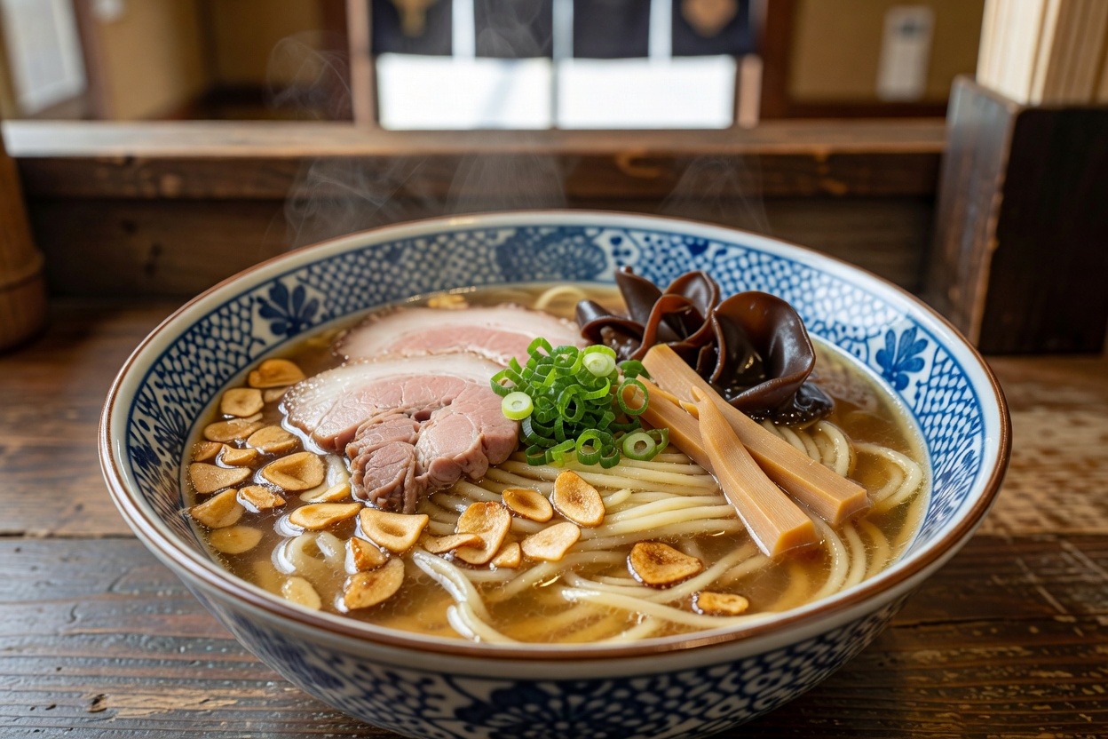 王様ラーメン (The historic King Ramen founded in 1954, topped with crisp roasted garlic chips in a blended pork and chicken bone broth) at Komurasaki Kamitori Chuo Ten 王様ラーメン (The historic King Ramen founded in 1954, topped with crisp roasted garlic chips in a blended pork and chicken bone broth) at Komurasaki Kamitori Chuo Ten