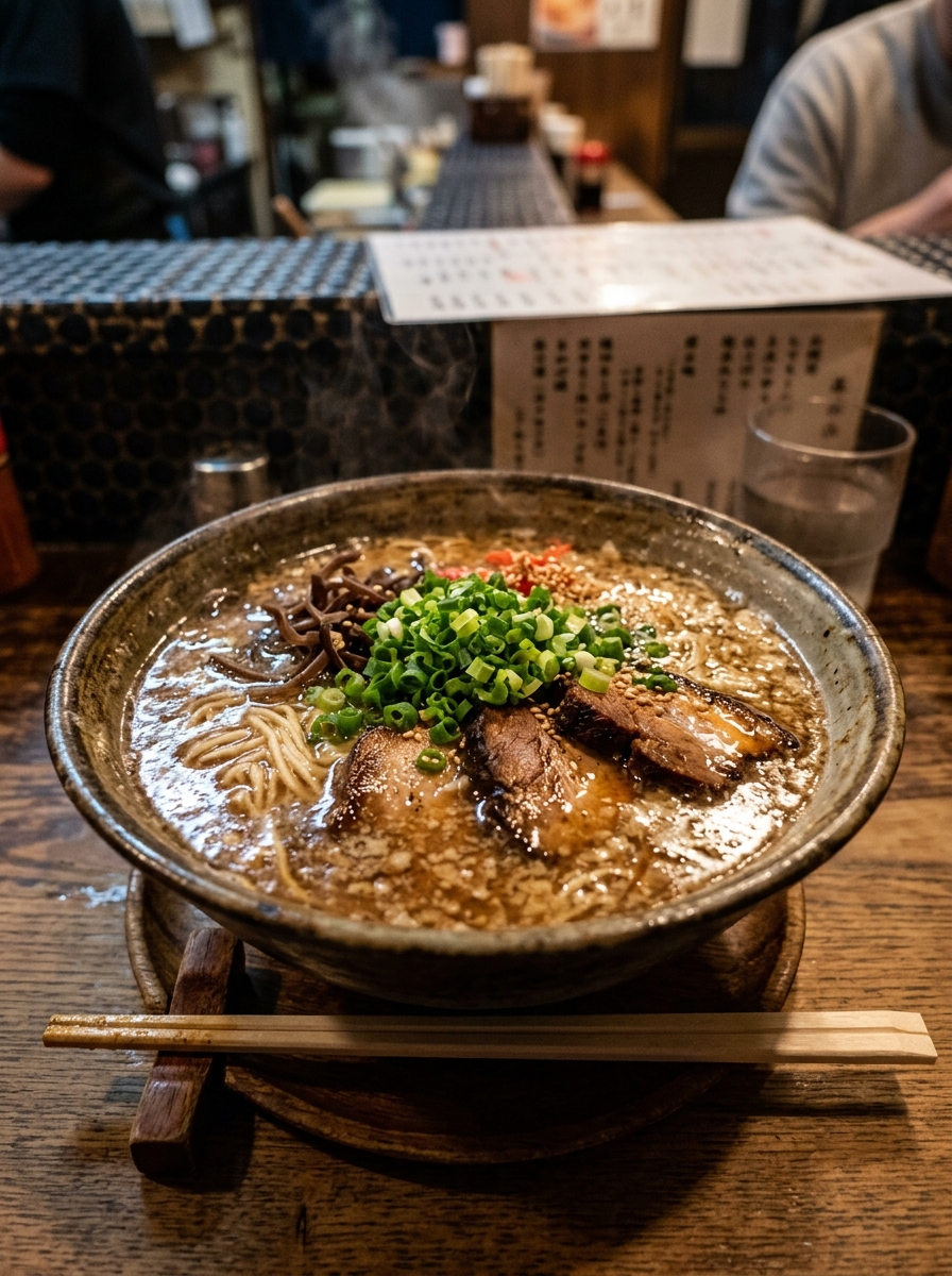 Ramen (ラーメン with Heavy Pork Lard Layer) & Gyoza at Hatchan Ramen Yakuin Honten