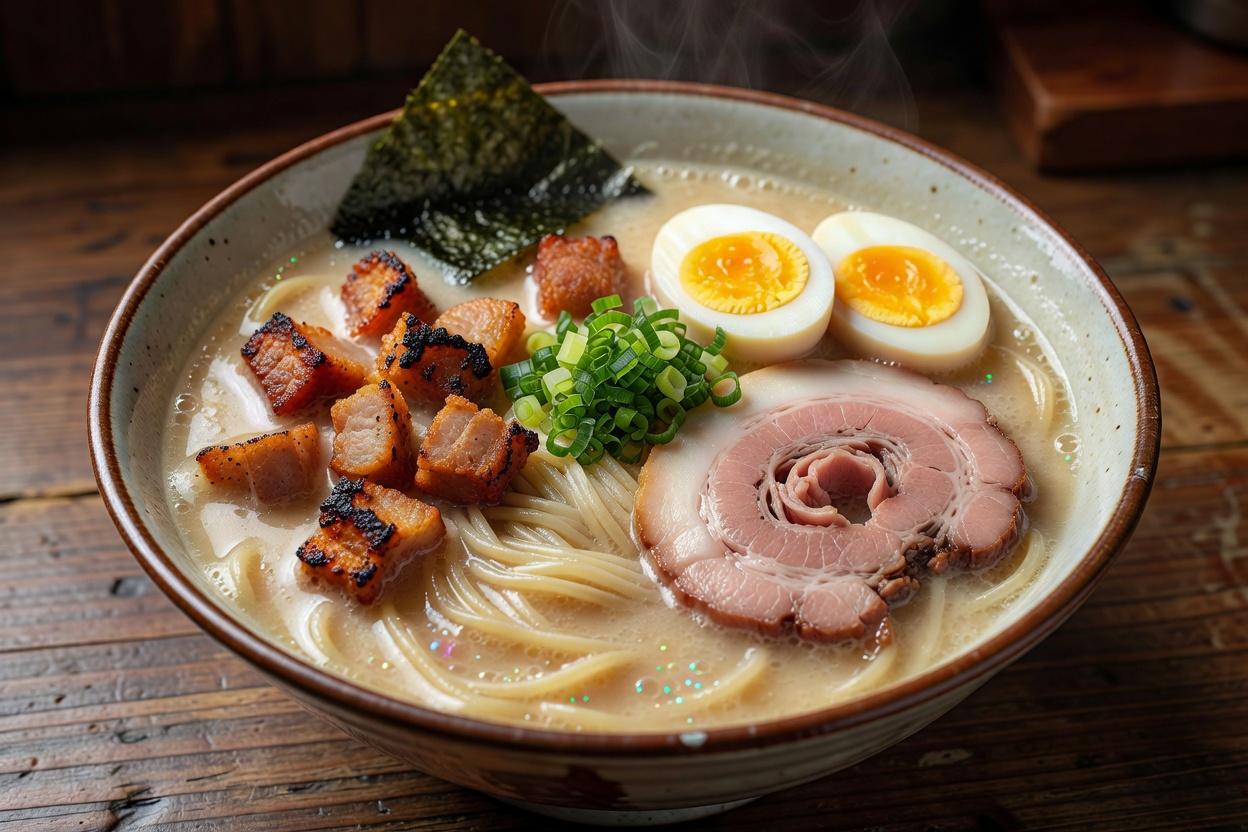 ラーメン (Deeply rich traditional mountain tonkotsu broth boiled for decades, infused with dark burnt garlic oil and topped with thick chashu slices) at Ochika Ramen