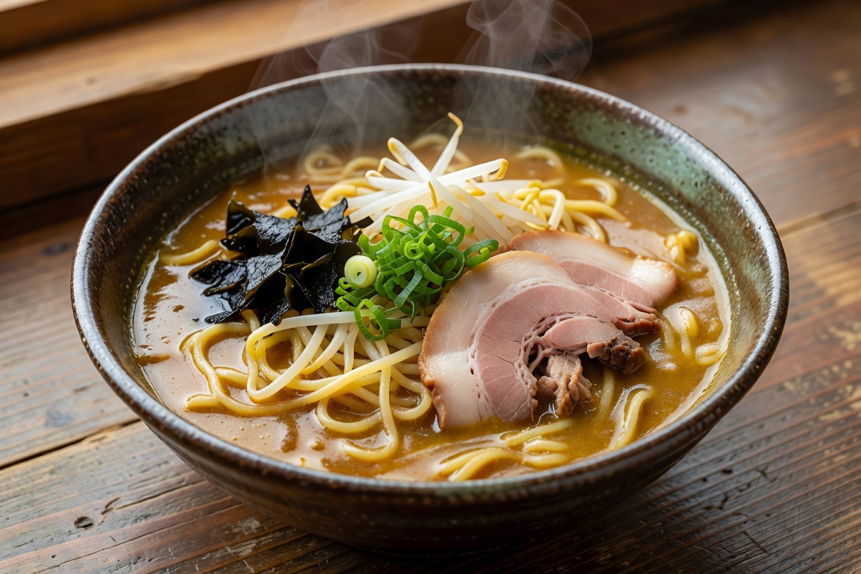 カツカレーラーメン (Crisp panko pork cutlet, spicy Japanese curry gravy, and fried sunny-side egg over yellow noodles) at Kirin Ramen